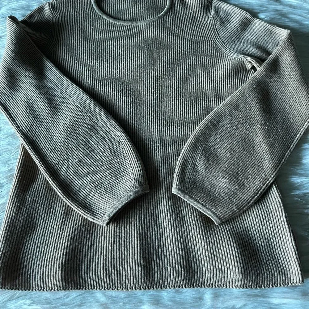 J. McLaughlin Wool Ribbed Blouson Sleeve Sweater in Tan - Picture 8 of 12